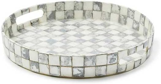 MACKENZIE-CHILDS Capiz Round Tray, Unique Serving Platter for Food and Drinks, Gray-and-White Sterling Check