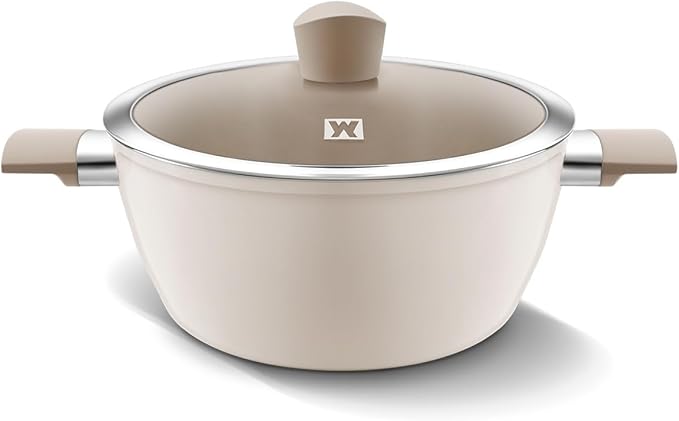 Aluminum Stock Pot with 7-Layered Ceramic Coating, Non-Stick Surface, Tempered Glass Lid, Dual Heat-Resistant Handles, PFOA, PFAS, Lead, Cadmium Free, All Cooktops 5.34L / 5.64Quarts