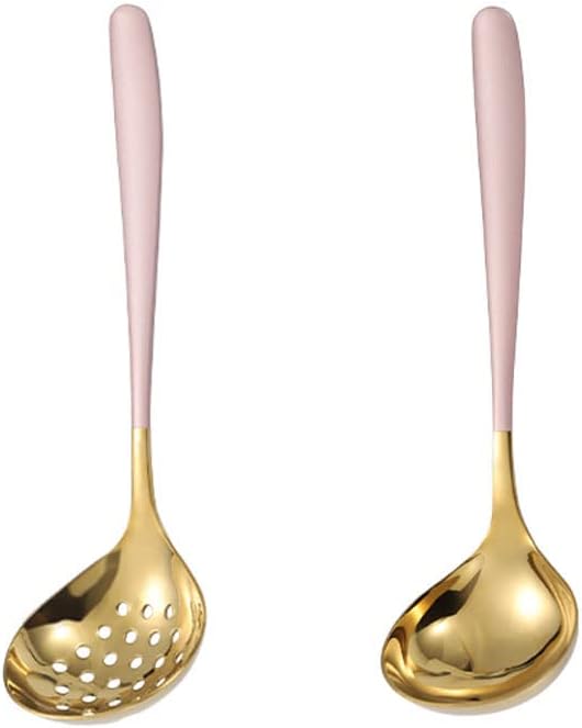 Pink Gold Soup Ladle Colander Slotted Spoon Set Skimmer Strainer Stainless Steel Gravy Hot Pot Server