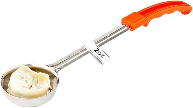 Restaurantware Met Lux 2 Ounce Portion Ladle 1 Perforated Portion Serving Spoon - Red Handle Dishwashable Stainless Steel Slotted Serving Utensil Multipurpose For Serving Pasta
