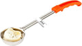 Restaurantware Met Lux 2 Ounce Portion Ladle 1 Perforated Portion Serving Spoon - Red Handle Dishwashable Stainless Steel Slotted Serving Utensil Multipurpose For Serving Pasta