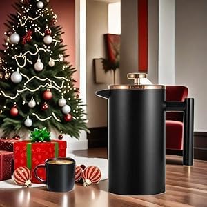 Miuly French Press Coffee Maker 34OZ, 8 Cup Stainless Steel French Press, Double-Walled Insulated Coffee Press for Home and Office, With 2 Extra Filter and Coaster Mat (1000ML, Black)