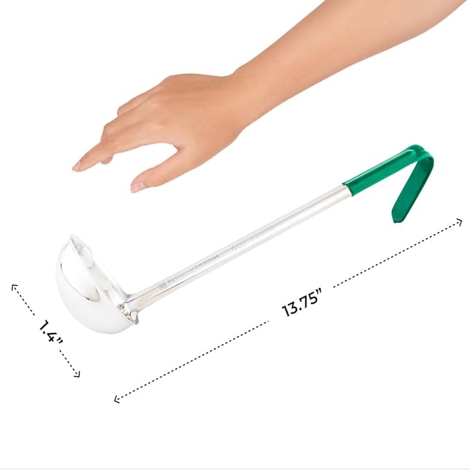 Restaurantware Met Lux 4 Ounce Soup Ladle 1 Hook Handle Serving Spoon - With Green Handle Dishwashable Stainless Steel Cooking Ladle For Pouring And Cooking Perfect for Soup Chilli Or Batter
