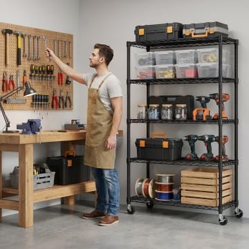 REIBII Storage Shelves Load 1980LBS,5 Tier Metal Shelving Unit with Wheels,Adjustable Garage Shelving Wire Shelves Commercial Shelf for Garage Pantry Kitchen,76''HX36''WX16''D Black