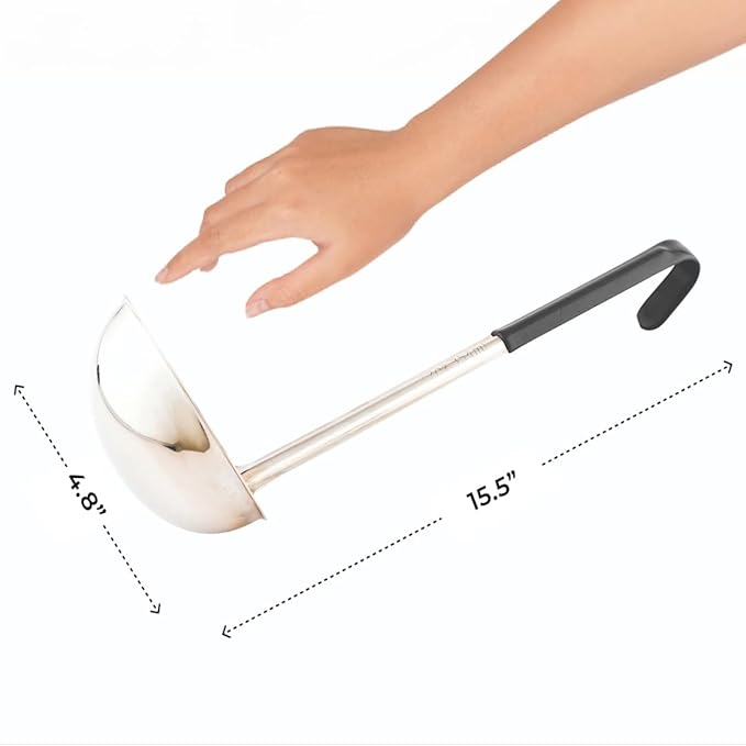 Restaurantware Met Lux 12 Ounce Soup Ladle 1 Hook Handle Serving Spoon - With Black Handle Dishwashable Stainless Steel Cooking Ladle For Pouring And Cooking Perfect for Soup Chilli Or Batter