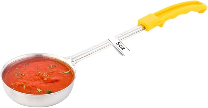 Restaurantware Met Lux 5 Ounce Portion Ladle 1 With Yellow Handle Portion Serving Spoon - Does Not Corrode Dishwashable Stainless Steel Portion Control Serving Utensil Multipurpose