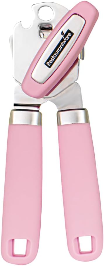Restaurantware Comfy Grip 7.6 x 1.9 x 2.1 Inch Can Opener 1 Durable Manual Can Opener - Sharp Wheel Blade Grip Handle Pink Stainless Steel Hand-Held Can Opener Built-In Bottle Opener