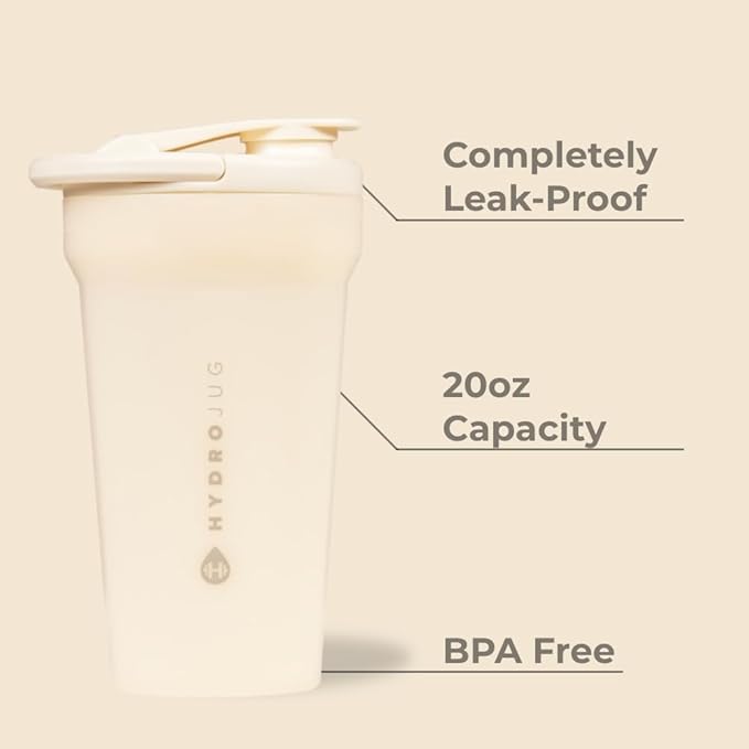 Hydrojug 20 oz Noiseless Shaker Bottle – 100% Leakproof Shaker Cup for Protein Mixes, Pre-Workout & Supplement Shakes – Durable, Easy Clean Design, Cream
