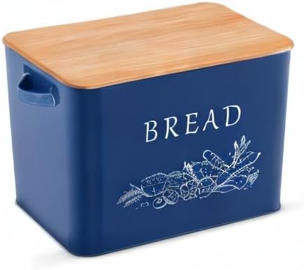 P&P CHEF Bread Box for Kitchen Counter, Metal Bread Storage Bin with Wooden Cutting Lid, Large Capacity for Holding 2+ Loaves, Retro Modern Style, Size 13” x 7.2” x 9.7”, Blue
