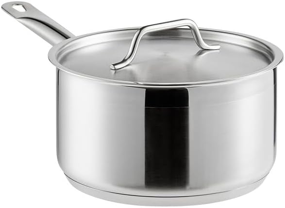 SS1 Series 3.5 Qt Stainless Steel Sauce Pan with Aluminum-Clad Bottom, Silver, NSF Listed, Induction Ready, Dishwasher Safe, 4.25 Inch Height with Cover