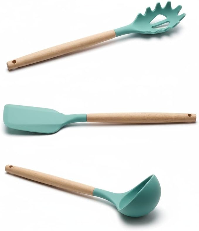 Silicone Cooking Spoons, 3-Piece Nonstick Utensil Set with Acacia Wood Handles - Heat-Resistant for Frying, Serving & Turning Spatula