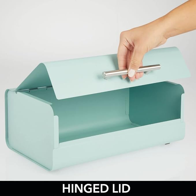mDesign Metal Bread Box Bin with Hinged Lid - for Kitchen Countertop, Island and Pantry - Large Capacity Storage, Vintage-Inspired Design - Multi-Purpose Storage Container for Home - Mint Green