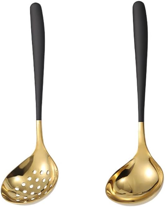 Black Gold Soup Ladle Colander Slotted Spoon Set Skimmer Strainer Gravy Sauce Server Stainless Steel