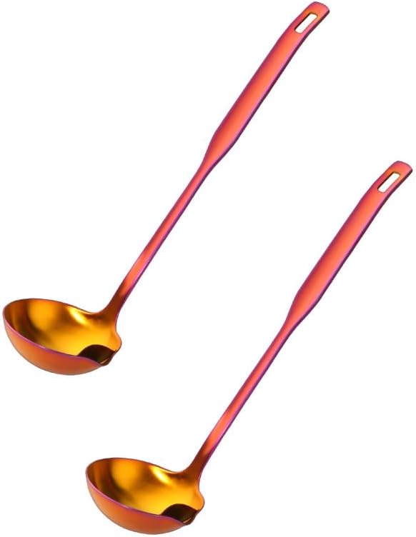 Metal Soup Ladle with Tilted Mouth，2 Piece Fat Multi-Purpose Separator Oil Strainer Serving Spoon Set for Kitchen Restaurant Cooking Hotpot Orange Red