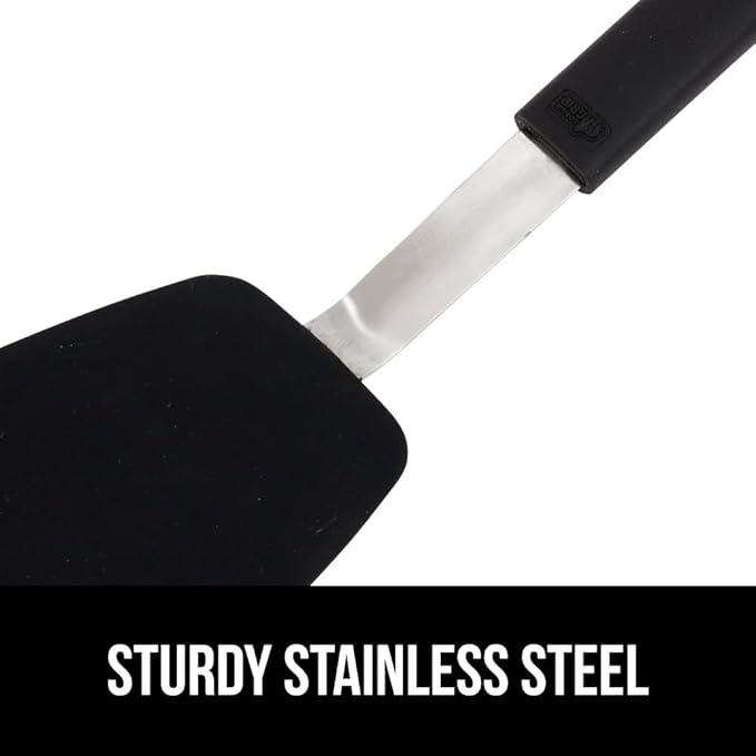 GORILLA GRIP Food Grade Flexible Silicone Spatula, 2 Pack, Heat Resistant Head for Nonstick Frying Pan, Patented Soft Rubber Handle for Comfort, Non-Scratch Kitchen Turner, Flip Eggs, 11.6 in, Black