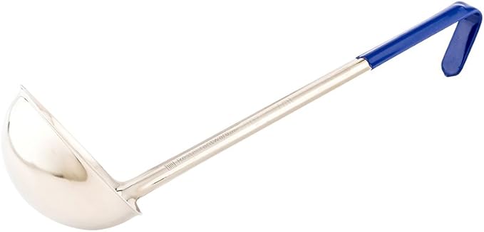 Restaurantware Met Lux 8 Ounce Soup Ladle 1 Hook Handle Serving Spoon - With Blue Handle Dishwashable Stainless Steel Cooking Ladle For Pouring And Cooking Perfect for Soup Chilli Or Batter