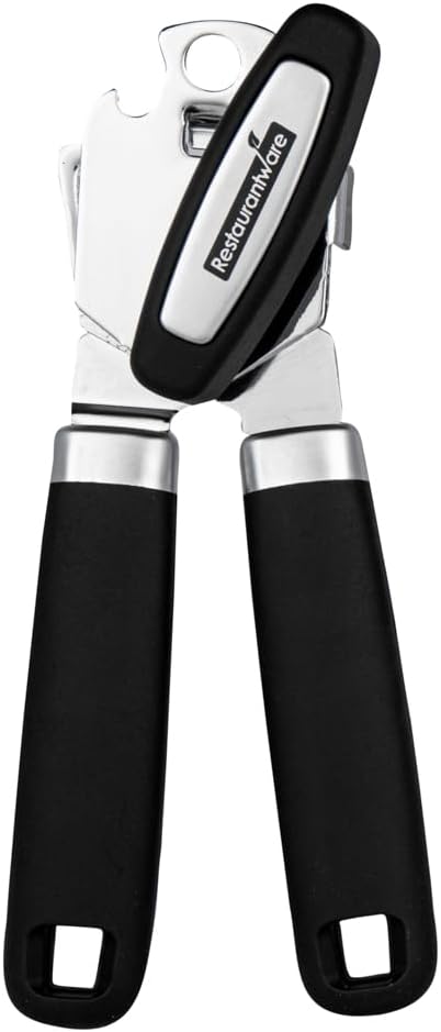 Restaurantware Comfy Grip 7.6 x 1.9 x 2.1 Inch Can Opener 1 Durable Manual Can Opener - Sharp Wheel Blade Grip Handle Black Stainless Steel Hand-Held Can Opener Built-In Bottle Opener