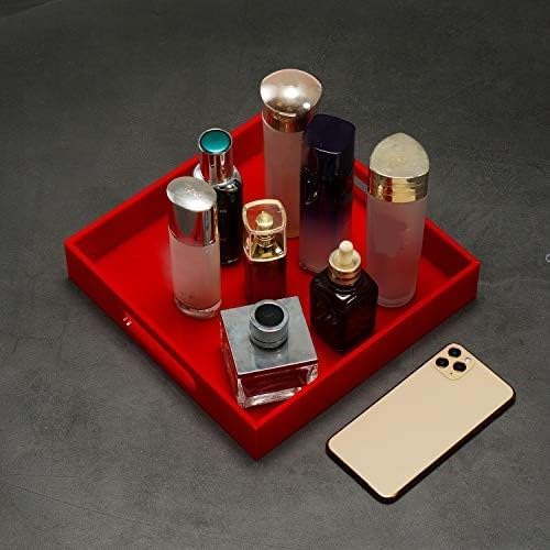 Sturdy Red Acrylic Serving Tray with Handles - 10x10Inch, Coffee/Appetizer/Butler Tray - Kitchen Countertop & Vanity Table Organizer