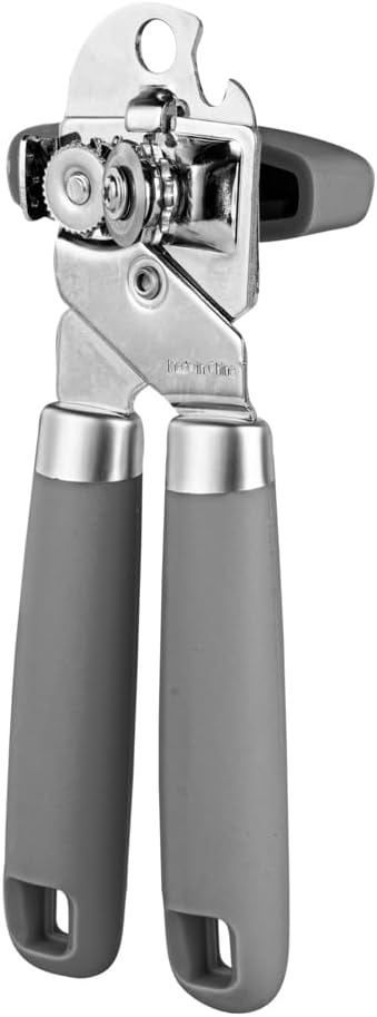 Restaurantware Comfy Grip 7.6 x 1.9 x 2.1 Inch Can Opener 1 Durable Manual Can Opener - Sharp Wheel Blade Grip Handle Gray Stainless Steel Hand-Held Can Opener Built-In Bottle Opener