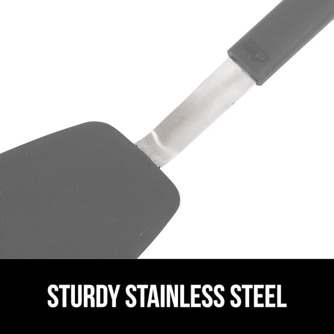 GORILLA GRIP Food Grade Flexible Silicone Spatula, 2 Pack, Heat Resistant Head for Nonstick Frying Pan, Patented Soft Rubber Handle for Comfort, Non-Scratch Kitchen Turner, Flip Eggs, 11.6 in, Gray