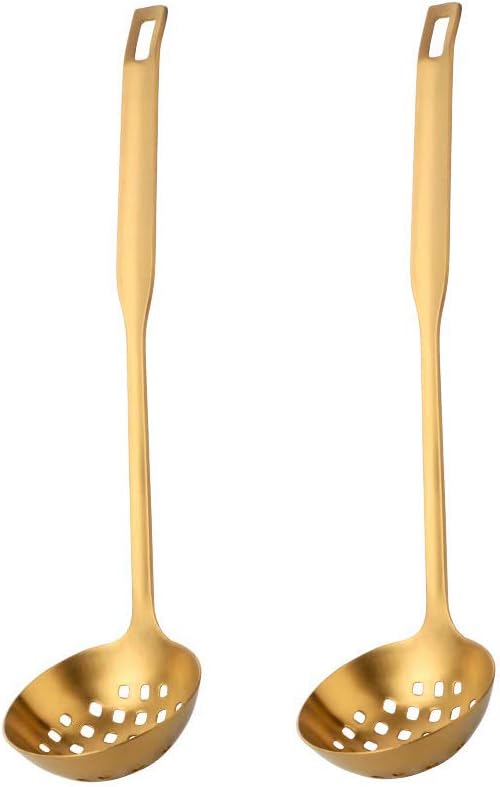 Buyer Star 2 Pcs Soup Ladle Colander, Gold Cookware Serving Long Handle Steel Slotted Spoon Cooking Utensil Set for Hotpot