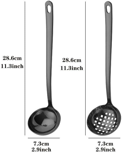 Large Soup Ladle Skimmer Slotted Spoon Set Stainless Steel Strainer Gravy Colander Hot Pot Scoop - Black