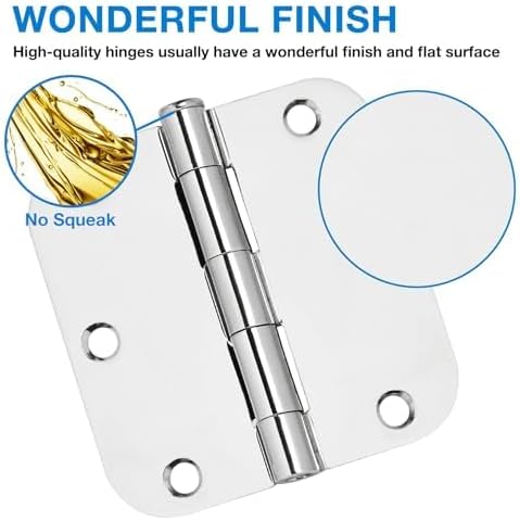 6 Pack Round Door Hinges 3-1/2" x 3.5 inch, 5/8 Radius, Polished Chrome 3 ½ Inch Bright Sliver House Interior Hinge for Bed/Living/Guest/Pantry/Storage/Study/Work Room Doors Heavy Duty Hardware Kit