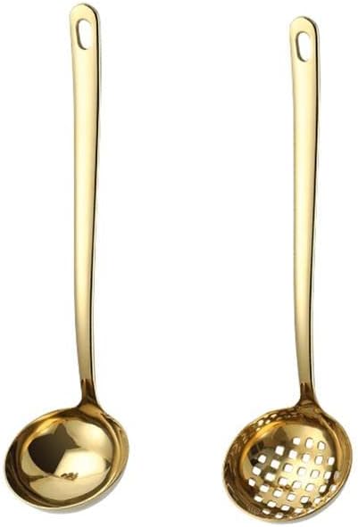 Soup Ladle Skimmer Spoon Set Large 2.9 Inches Bowl Long Handle Stainless Steel Strainer Colander Hot Pot Server - Gold