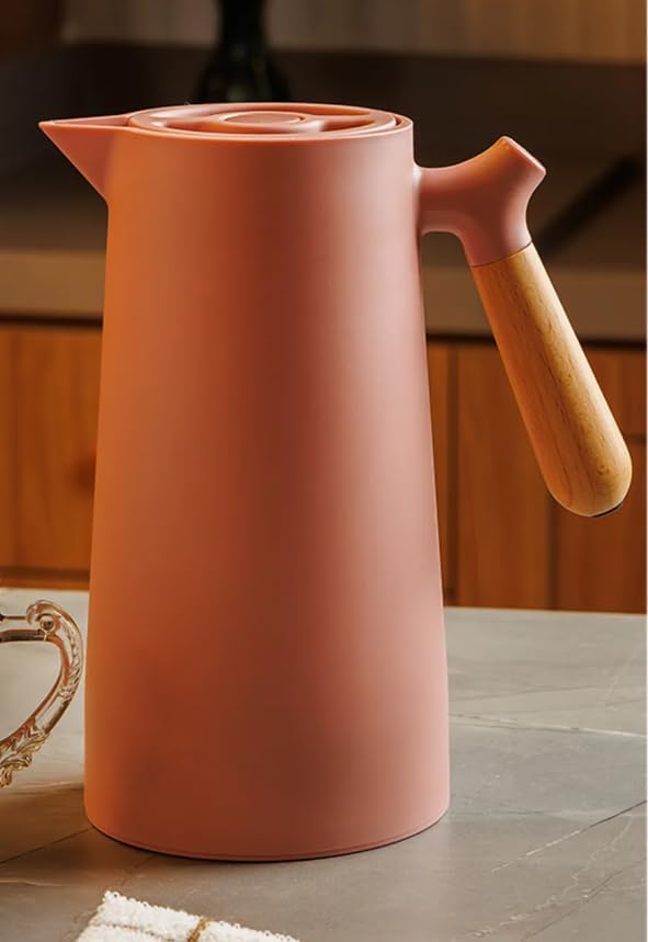 WOLFF - Thermal Coffee Carafe – 34oz/1L Insulated Food-Safe Plastic Exterior and Glass Liner, Wood-Style Handle – Keeps Drinks Hot or Cold for Hours, Coffee and Tea Dispenser - Nude Pink, 34floz/1L