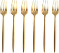 Gold 18/10 Stainles Steel Cake Forks Set 3 Tines Fruit Salad Fork, Slim Cutlery for Kitchen Hotel Restaurant Wedding Party, Matte Finish, Dishwasher Safe, Pack of 6