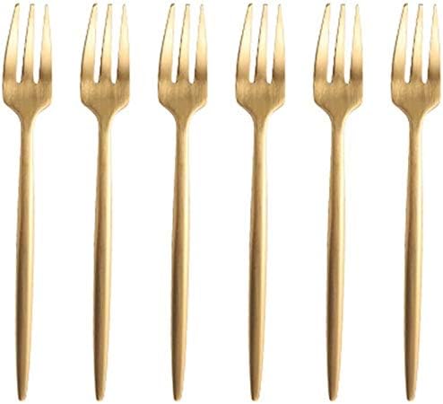 Gold 18/10 Stainles Steel Cake Forks Set 3 Tines Fruit Salad Fork, Slim Cutlery for Kitchen Hotel Restaurant Wedding Party, Matte Finish, Dishwasher Safe, Pack of 6