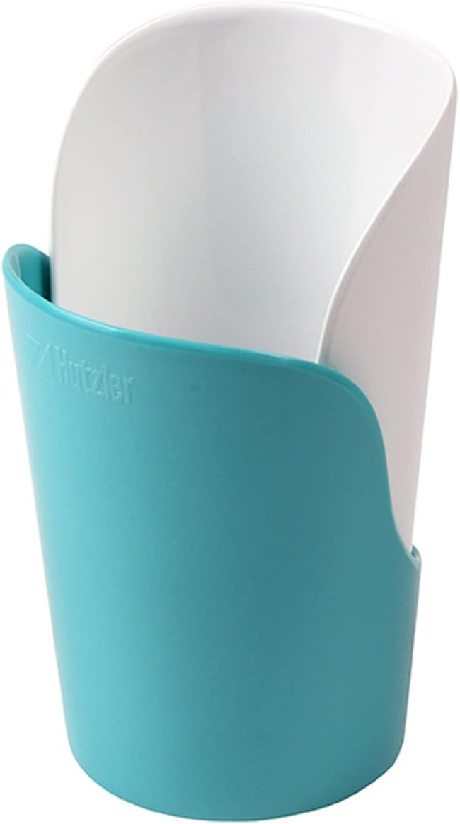 Hutzler 6-piece Melamine Cooking Utensils Set, Includes a 12-inch Long Slotted Spoon, Solid Spoon, Mixing Spoon, Slotted Turner, Soup Ladle, and Storage Crock, Turquoise