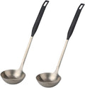 Buyer Star 2 Pcs Soup Ladle Spoons,Silver Black Cookware Serving Long Handle Steel Slotted Spoon Cooking Utensil Set for Hotpot