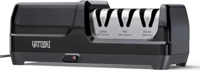 Yatoshi Electric Sharpener, 50-Watt, Diamond Abrasives and Precision Angle Guides, 20-Degree Straight-Edge and Serrated Knives, 3 Stage
