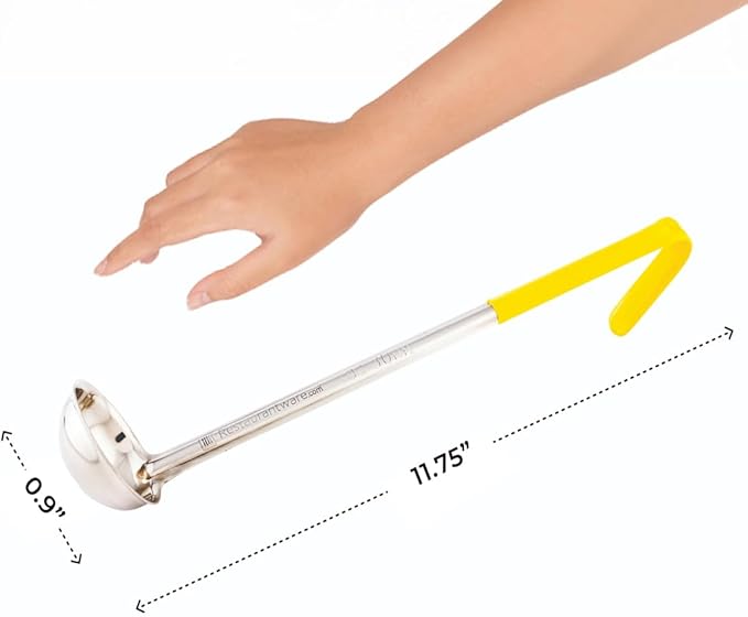 Restaurantware Met Lux 1 Ounce Soup Ladle 1 Hook Handle Serving Spoon - With Yellow Handle Dishwashable Stainless Steel Cooking Ladle For Pouring And Cooking Perfect for Soup Chilli Or Batter
