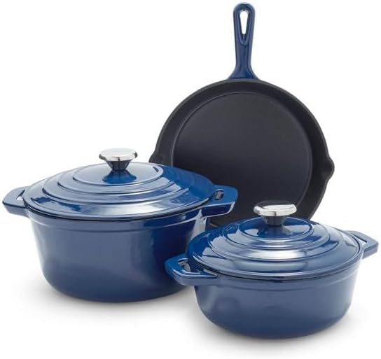 Sur La Table Enameled Cast Iron Cookware Set – Includes 5-Qt & 2.5-Qt Dutch Ovens with Lids and 10" Skillet, Oven to 500°F, Induction Compatible, Essential Starter Gift Set, Red