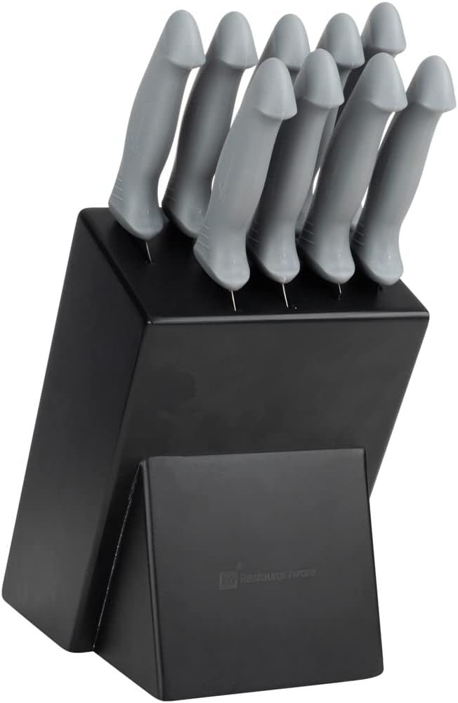 Restaurantware Comfy Grip Knife Set With Holder 1 Sharp 9-Piece Knife Set - Ergonomic Handle Non-Slip Grip Gray Stainless Steel Kitchen Knife Set Dishwashable Includes Knife Holder