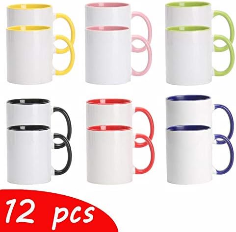 11oz White Ceramic Sublimation Coffee Mug With Solid Colors Inside and Handle, Mixed 6 colors of Black, Red, Blue, Yellow, Green and Pink, Case of 12