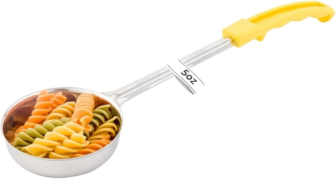 Restaurantware Met Lux 5 Ounce Portion Ladle 1 Perforated Portion Serving Spoon - Yellow Handle Dishwashable Stainless Steel Slotted Serving Utensil Multipurpose For Serving Pasta