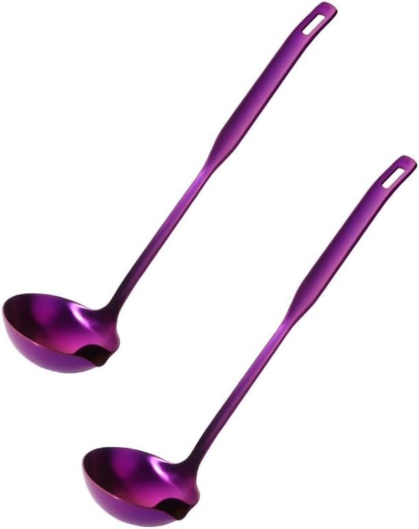 Metal Soup Ladle with Tilted Mouth，2 Piece Fat Multi-Purpose Separator Oil Strainer Serving Spoon Set for Kitchen Restaurant Cooking Hotpot Purple