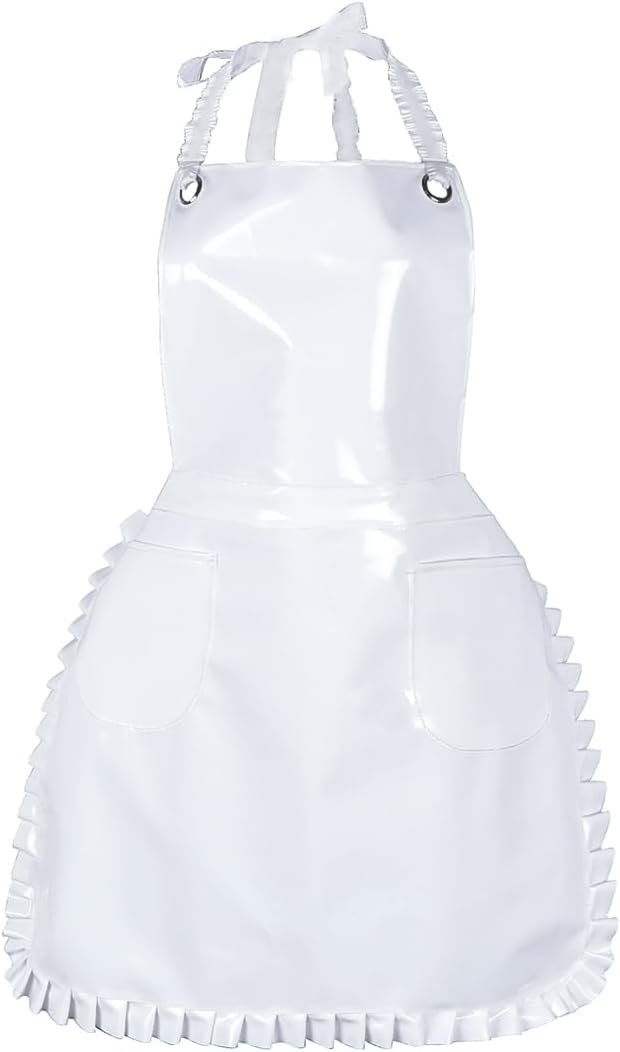 Glossy Cute Ruffled Apron, Lace-Up Model with Two Pockets, Vinyl Apron for Artists and Barbers, Waterproof
