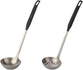 Buyer Star 2 Pcs Soup Ladle Colander, Silver Black Cookware Serving Long Handle Steel Slotted Spoon Cooking Utensil Set for Hotpot