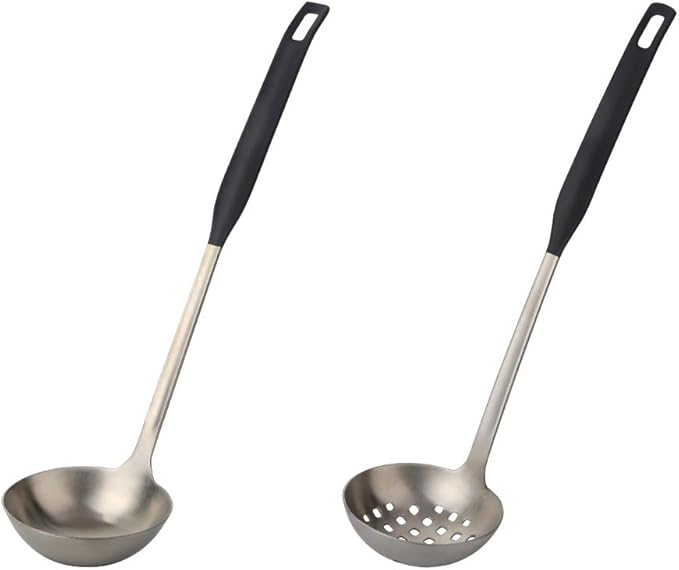 Buyer Star 2 Pcs Soup Ladle Colander, Silver Black Cookware Serving Long Handle Steel Slotted Spoon Cooking Utensil Set for Hotpot