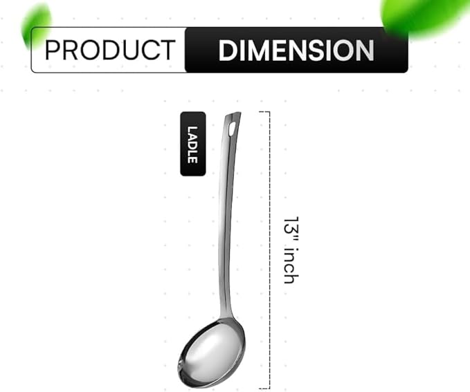 1 Pcs Stainless Steel Kitchen Cooking ladle, 13" Soup Metal Ladles, Durable Cooking Spoon Utensil- Long Handle and Ample Bowl Capacity Perfect for Stirring, Serving Soups, Heavy Duty Dishware Safe
