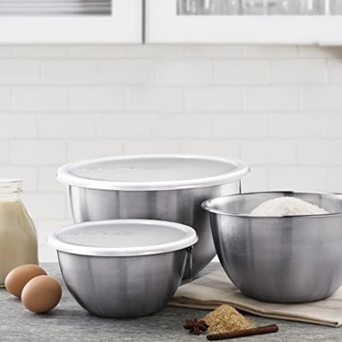 Tovolo Stainless Steel Mixing Bowls with Lid Set of 3 Nesting Mixing Bowls Small Medium Large, Dishwasher Safe Metal Bowl Set with BPA Free Lids Stamped Measurements for Measuring Cooking Baking