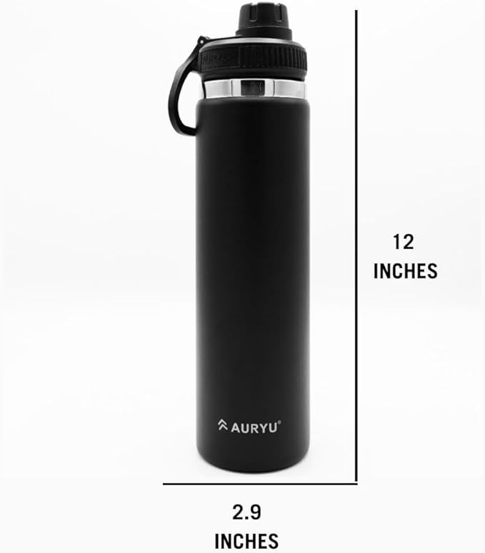 Black 24oz Triple-Walled Stainless Steel Water Bottle – Leak Proof, BPA-Free Thermos with Bonus Spout Lid – Wide Mouth Flask for Travel, Hiking, Gym, Hot & Cold Use