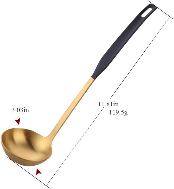 Buyer Star 2 Pcs Soup Ladle Colander, Gold Black Cookware Serving Long Handle Steel Slotted Spoon Cooking Utensil Set for Hotpot