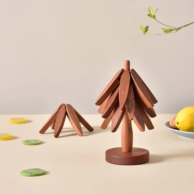 Artisanal Wooden Coasters Trivets Set – Foldable Wooden Tree Trivet with 4 Coasters & Stand – Heat Resistant Hot Plate Holder & Kitchen Accessories for Dining Table