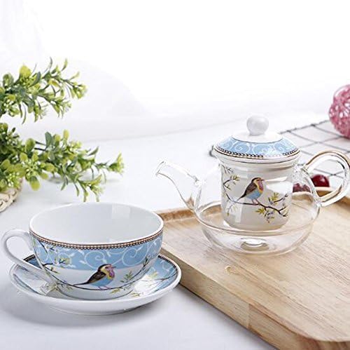 Tea for One Set, Glass Teapot with Porcelain Infuser Strainer and Cup & Saucer- Happy Bird Pattern (Blue)