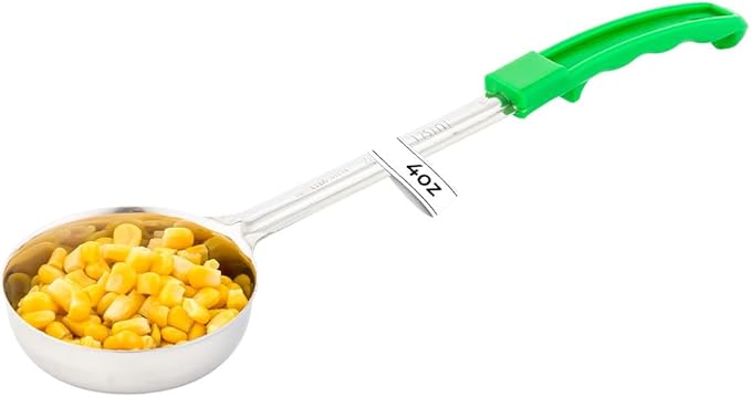 Restaurantware Met Lux 4 Ounce Portion Ladle 1 Perforated Portion Serving Spoon - Green Handle Dishwashable Stainless Steel Slotted Serving Utensil Multipurpose For Serving Pasta